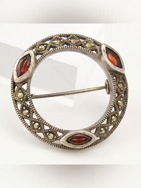 Vintage Garnet and Marcasite Sterling Silver Brooch Open Circle Pin